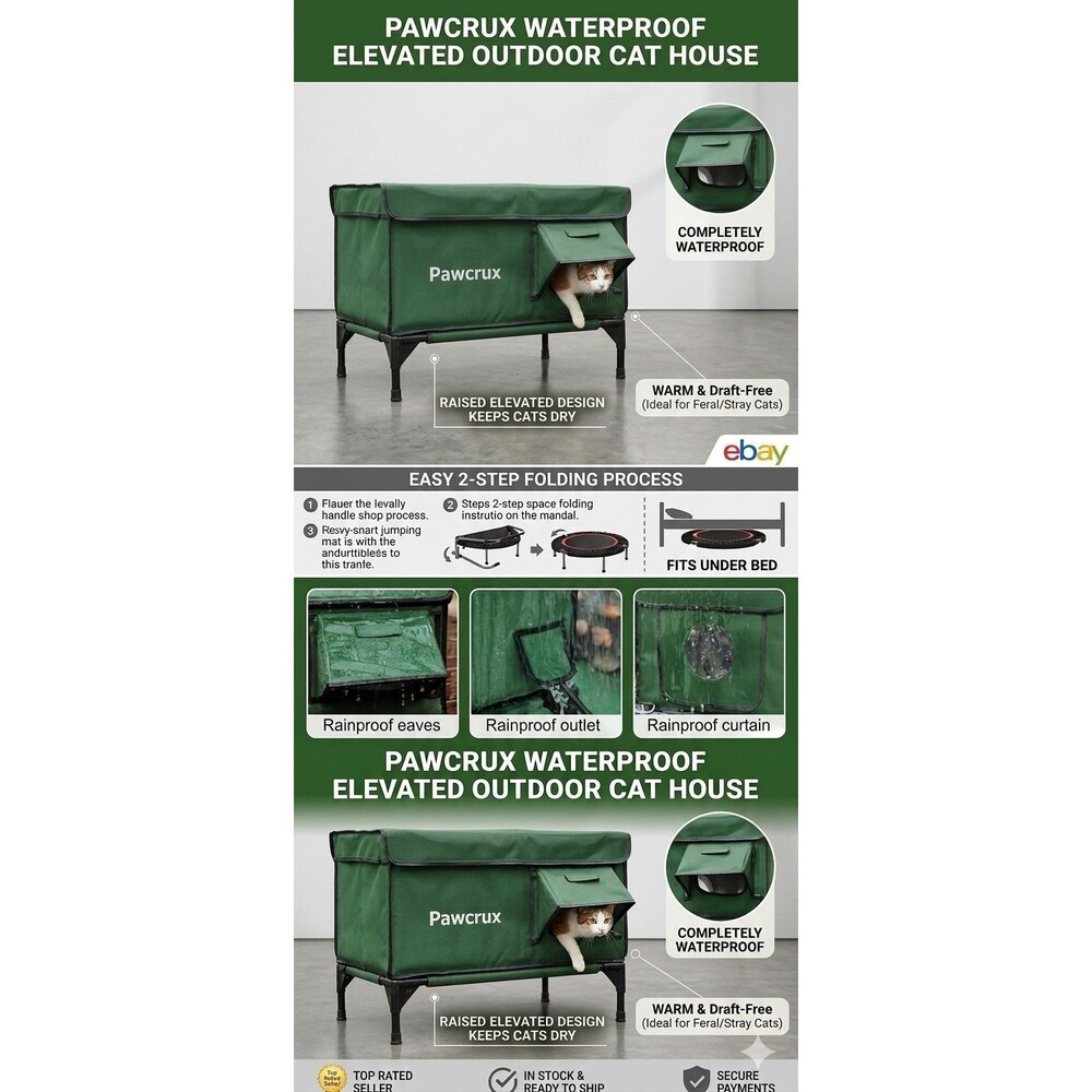 Pawcrux Indoor & Outdoor Elevated Cat House Shelter / Escape Door Green 17x13x17